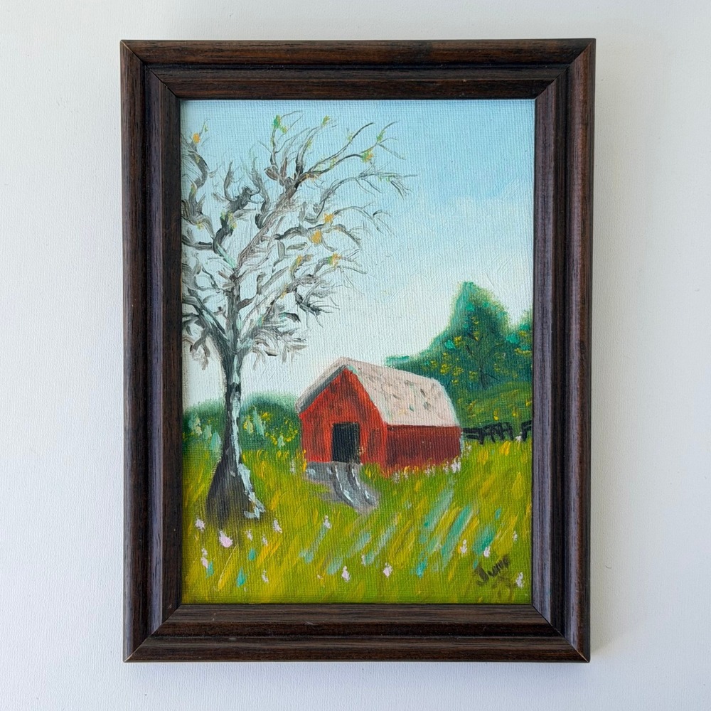 VTG Oil Painting on Board Red Barn Landscape Farmhouse Signed June Williamson